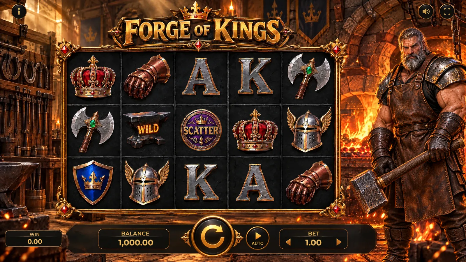 Forge of Kings base game: a 5 by 3 reel grid of crowns, axes, helmets and card symbols in a blacksmith's forge