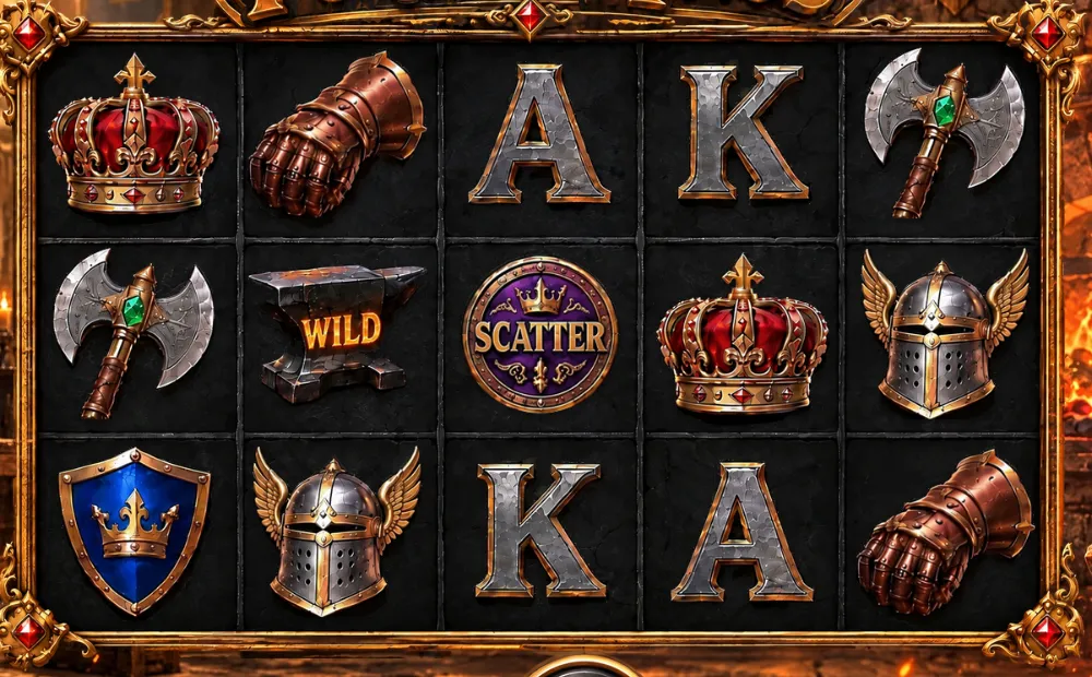 Forge of Kings reels: crowns, gauntlets, axes, winged helmets, an anvil Wild and a Scatter coin