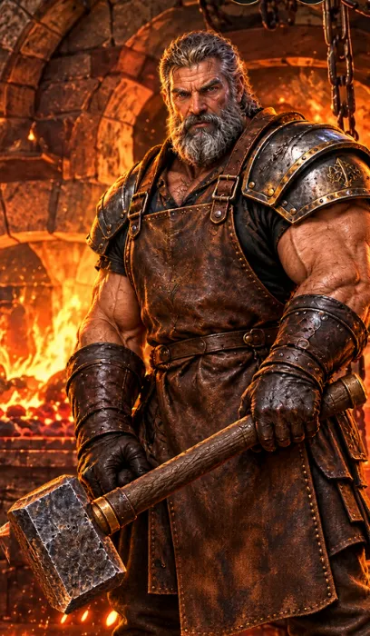 The blacksmith character from Forge of Kings holding a hammer in front of the forge